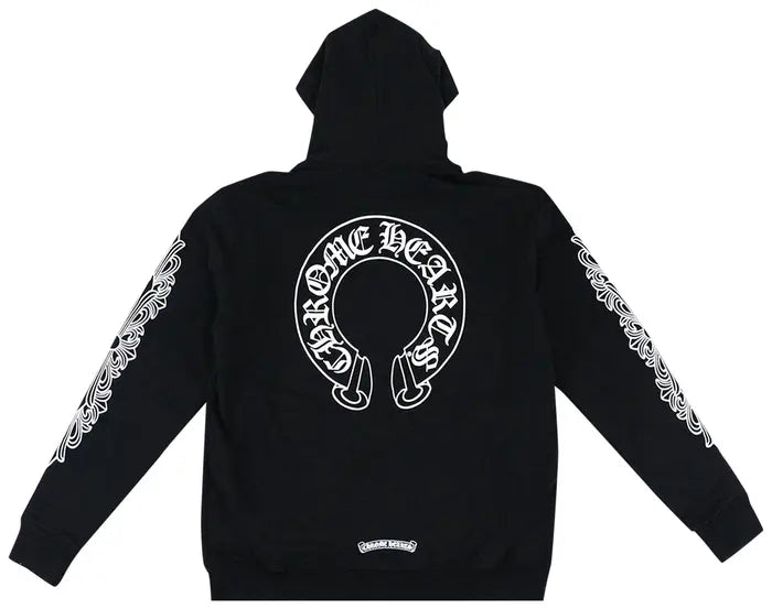 CHROME HEARTS HORSESHOE FLORAL CROSS-SLEEVE ZIP UP HOODIE “BLACK/WHITE”