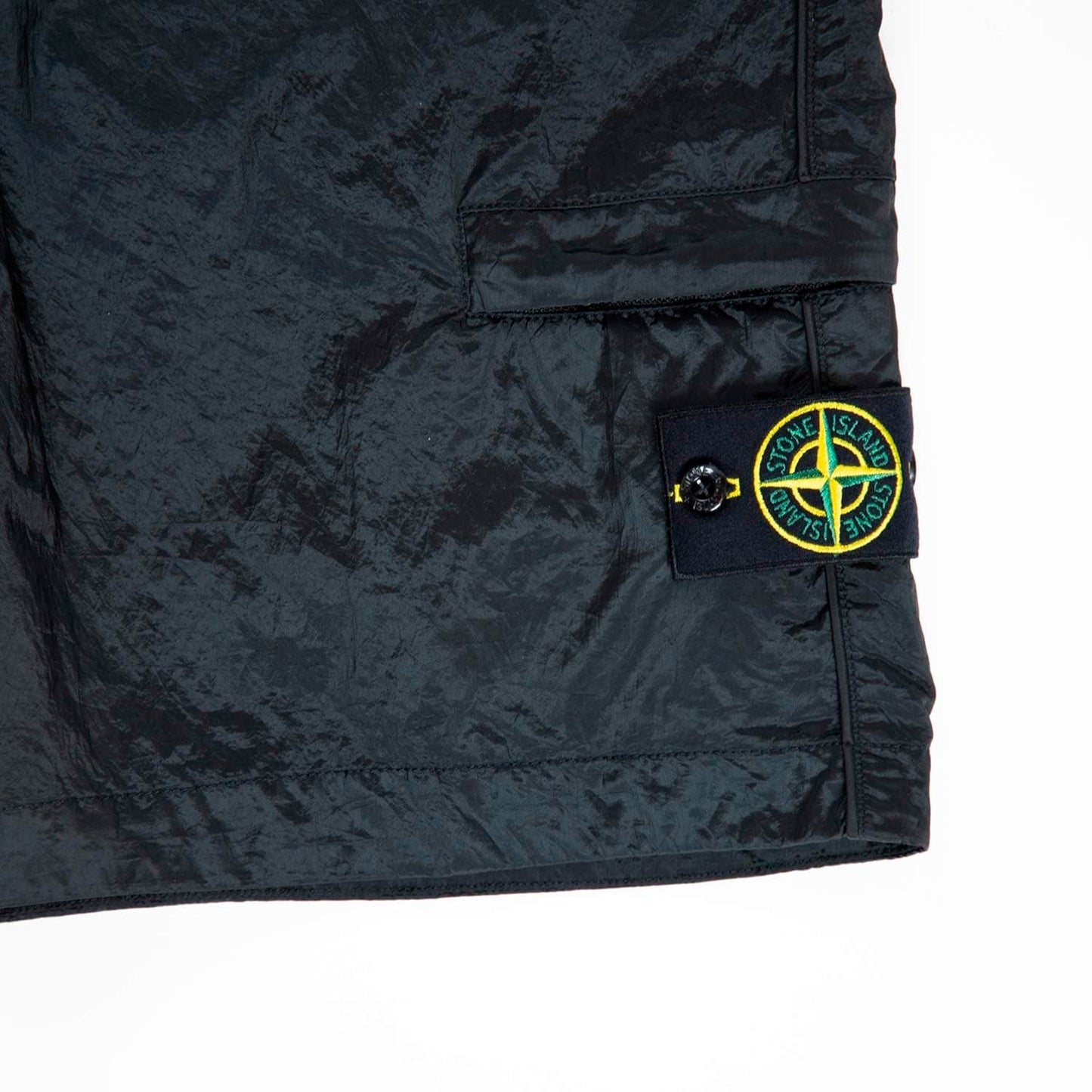 STONE ISLAND LOGO PATCH NYLON SHORTS IN BLACK