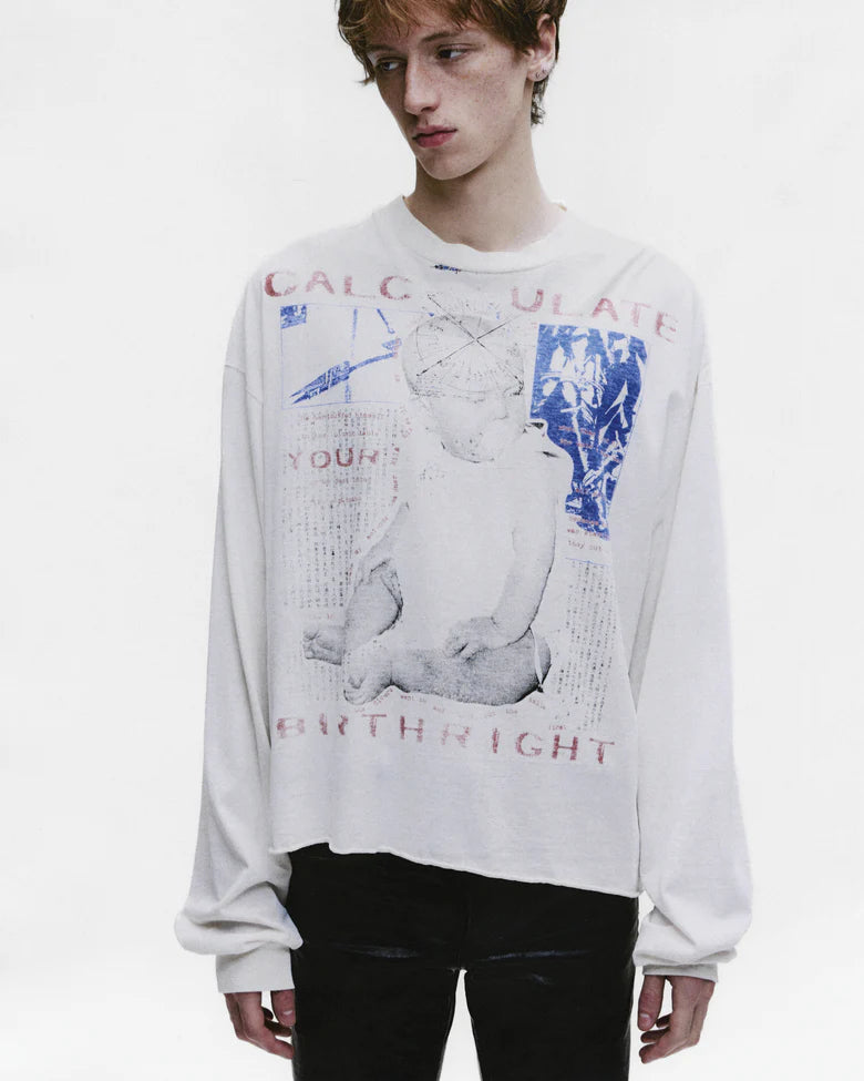 ENFANTS RICHES DÉPRIMÉS CALCULATE YOUR BIRTHRIGHT LS T-SHIRT IN FADED WHITE