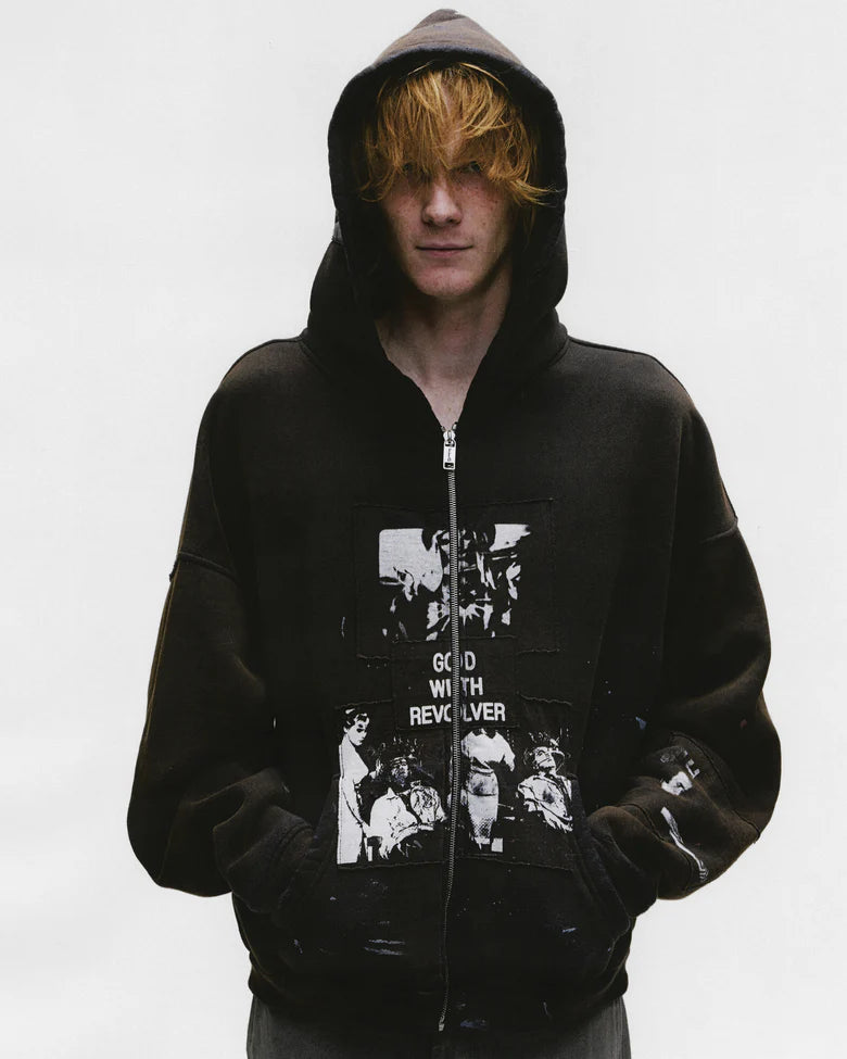 ENFANTS RICHES DÉPRIMÉS GOD WITH REVOLVER ZIP HOODIE  IN SUN FADED BLACK