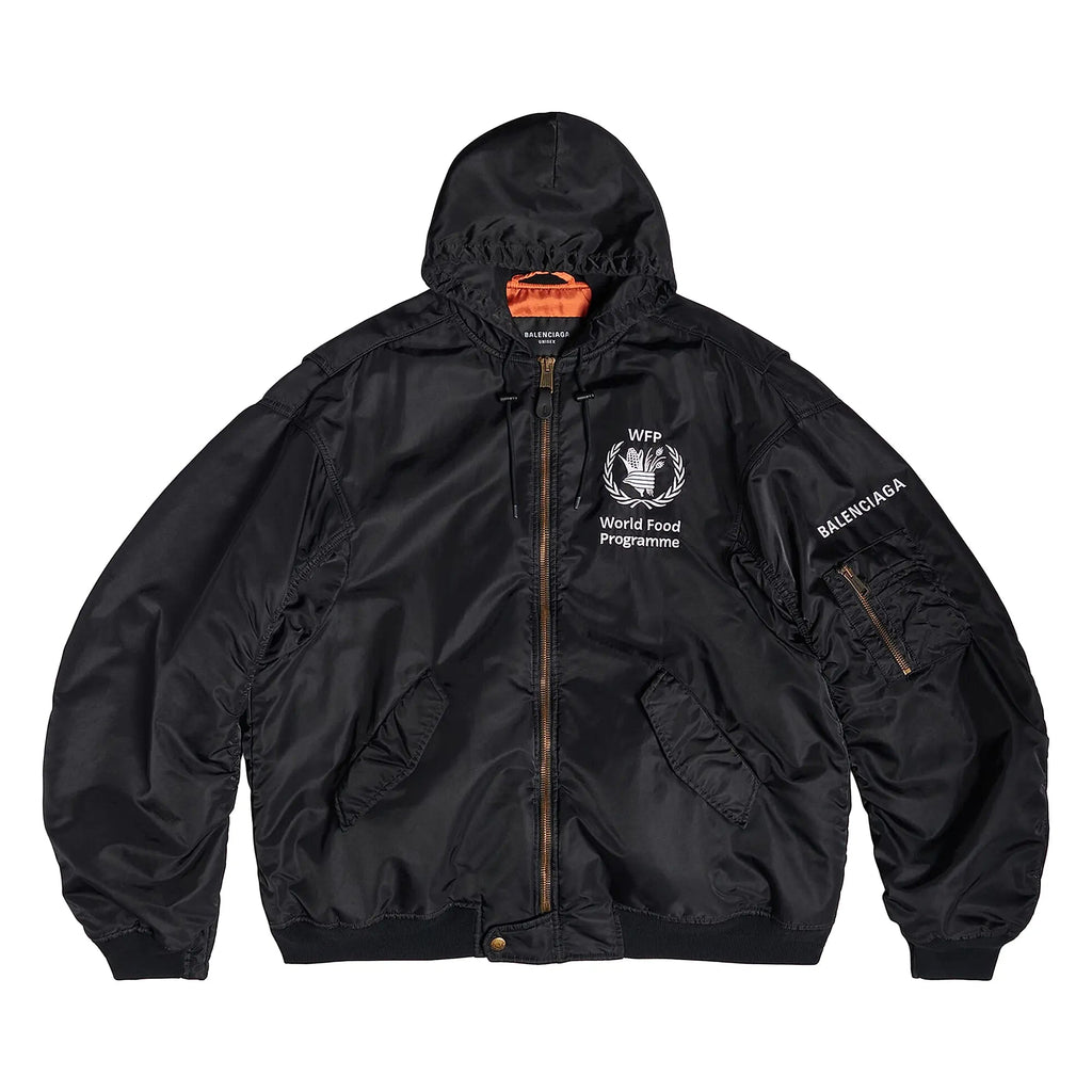 BALENCIAGA WFP LIGHT HOODED BOMBER JACKET IN BLACK