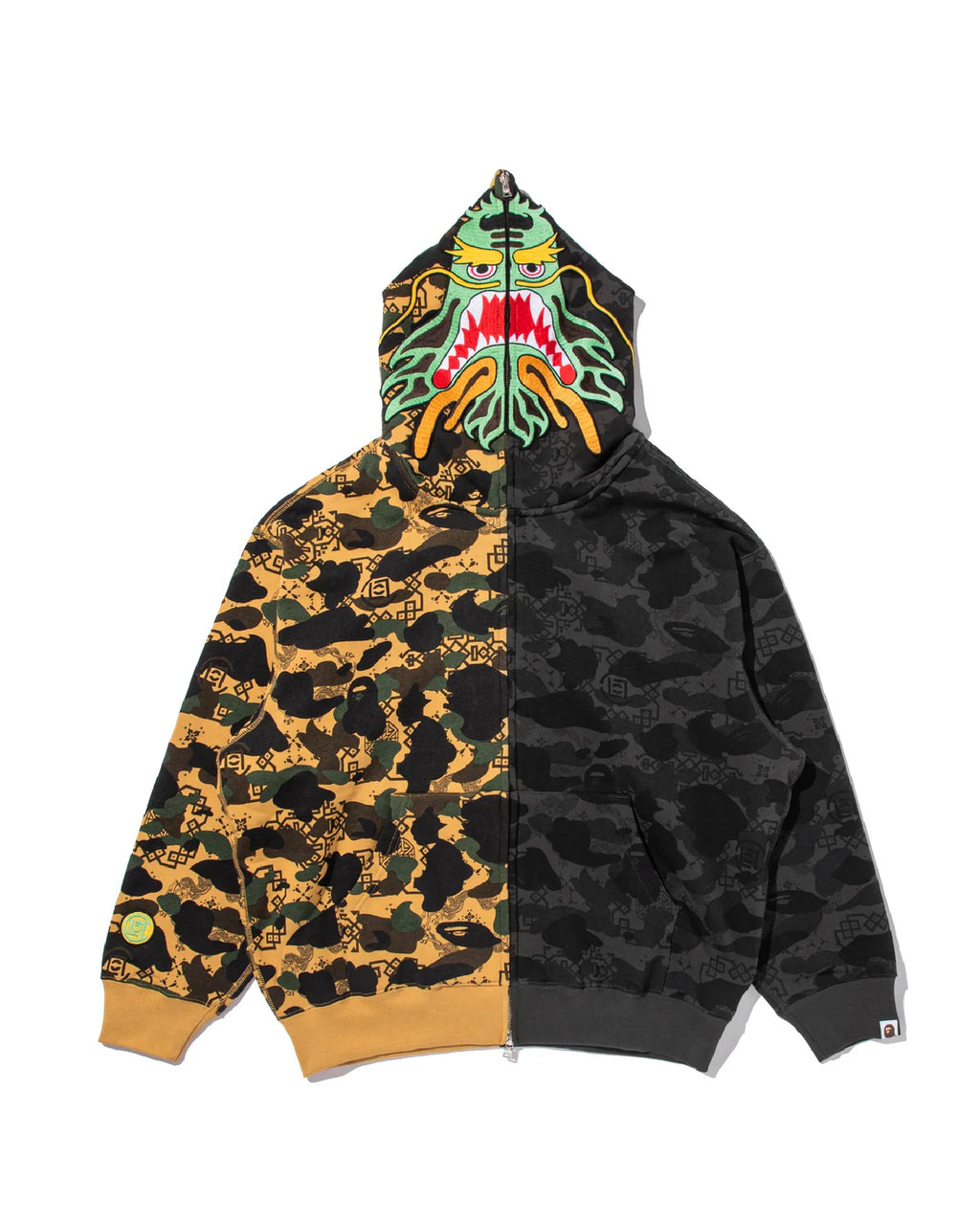 BAPE X CLOT CAMO SPLIT SHARK RELAXED FIT FULL ZIP HOODIE IN BLACK