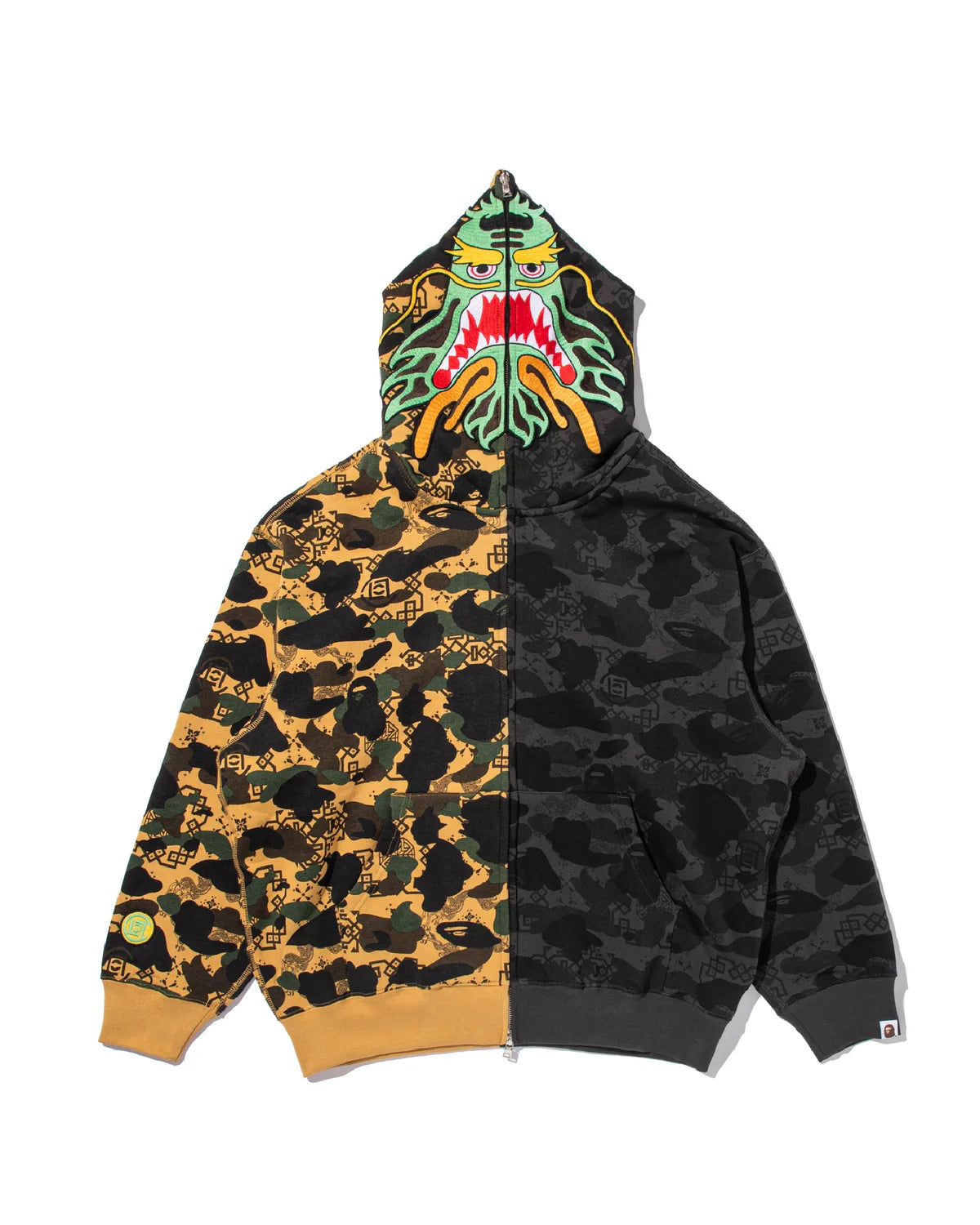 BAPE X CLOT CAMO SPLIT SHARK RELAXED FIT FULL ZIP HOODIE IN BLACK