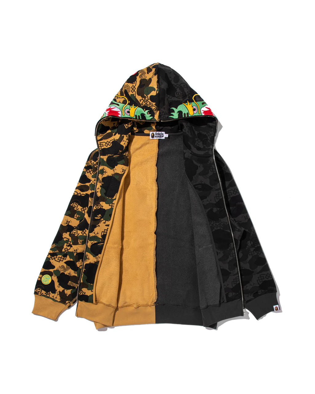 BAPE X CLOT CAMO SPLIT SHARK RELAXED FIT FULL ZIP HOODIE IN BLACK