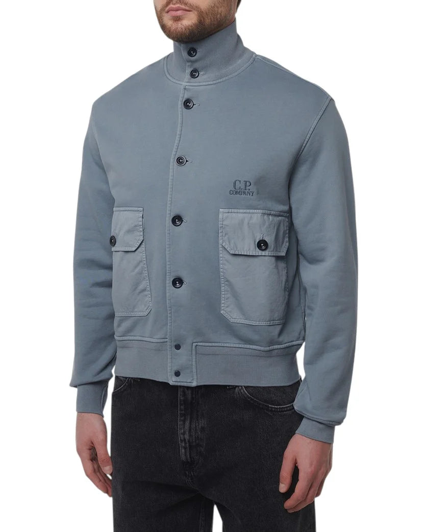 C.P. COMPANY COTTON DIAGONAL FLEECE FULL BUTTON SWEATSHIRT BLUE
