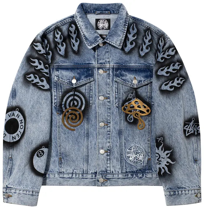 STUSSY X DRIES VAN NOTEN HAND-STENCILLED DENIM JACKET ‘WASHED BLUE’