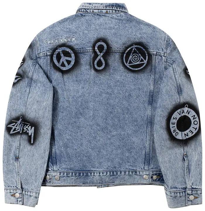 STUSSY X DRIES VAN NOTEN HAND-STENCILLED DENIM JACKET ‘WASHED BLUE’