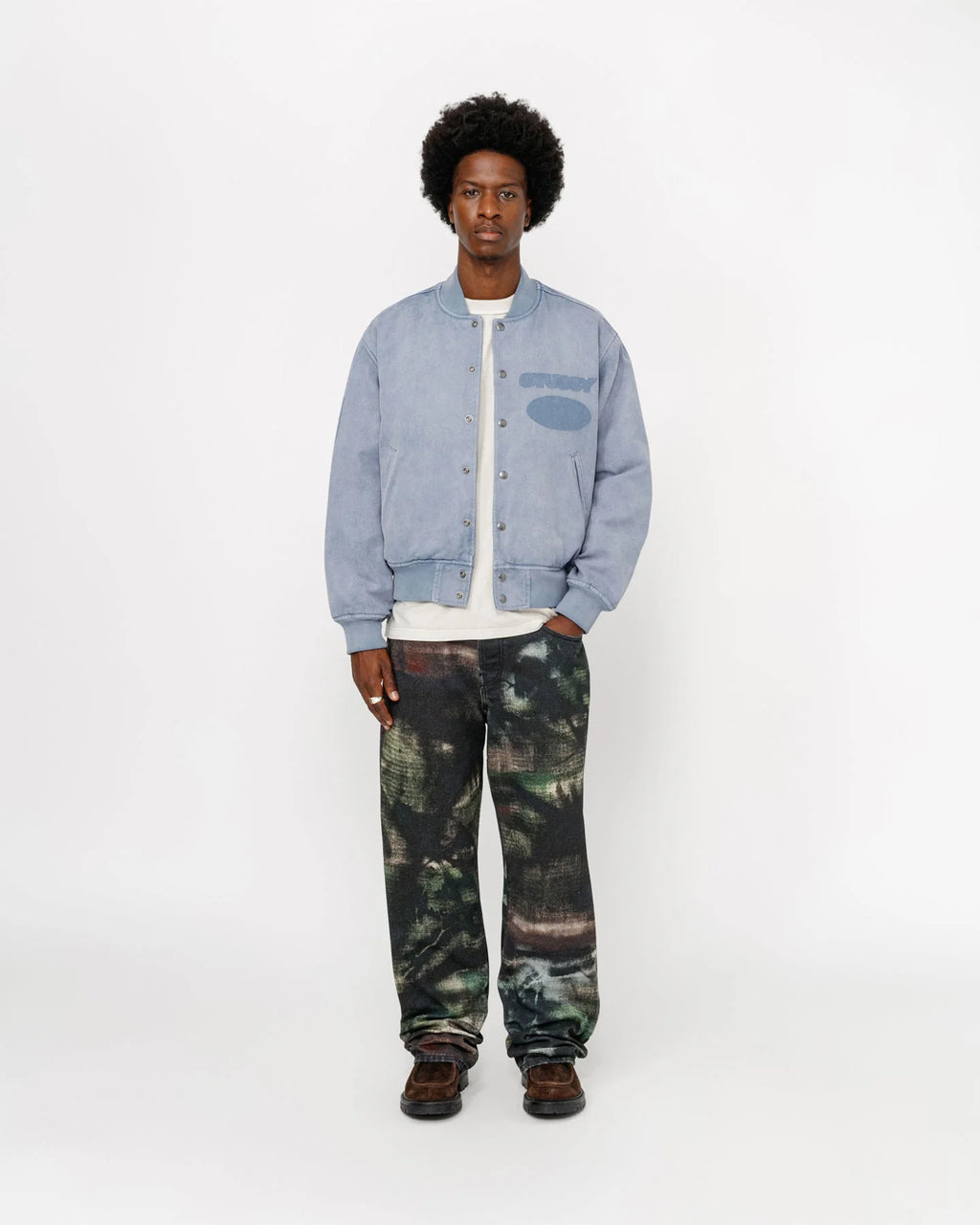 STUSSY GHOST LOGO CANVAS VARSITY JACKET BLUE