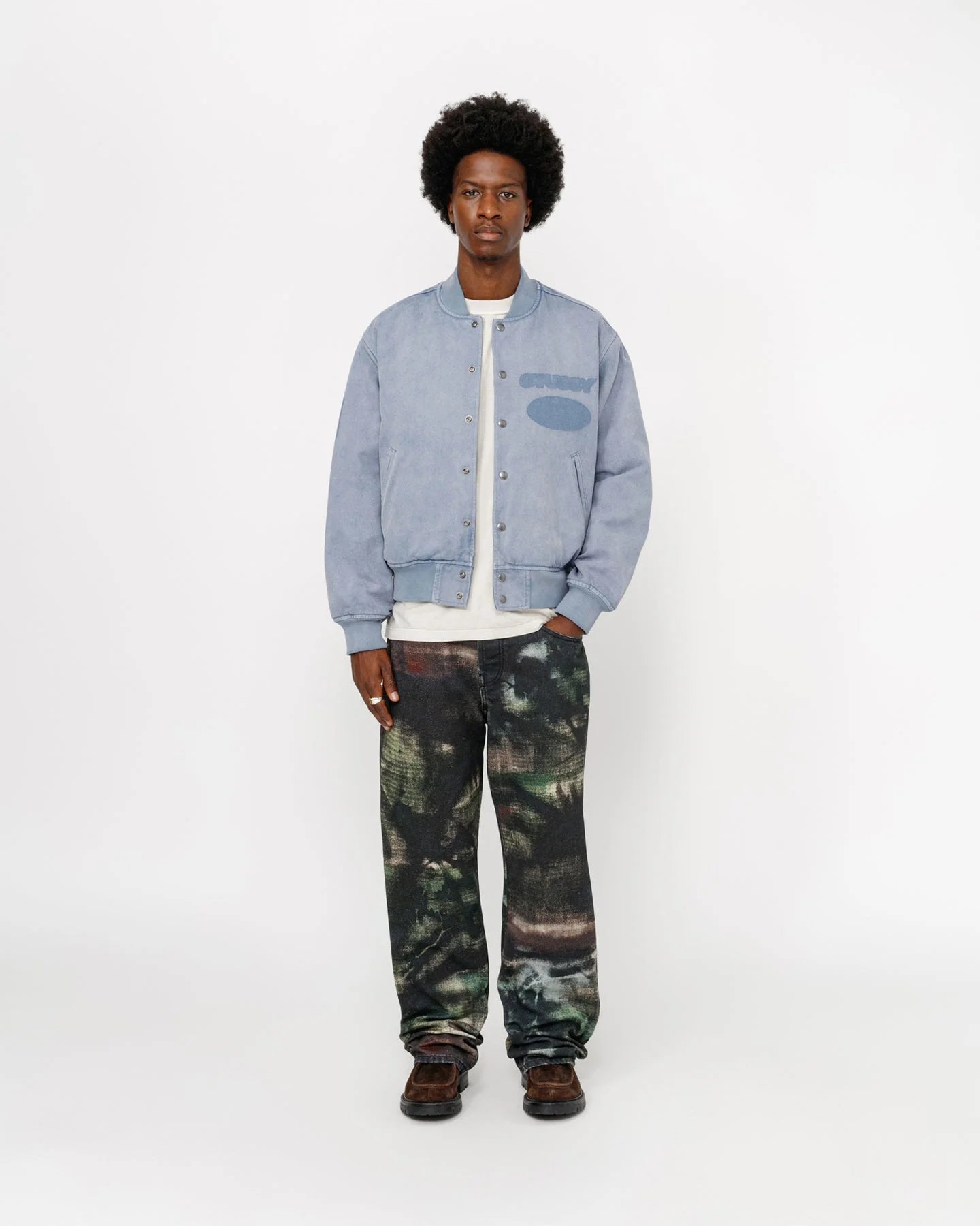STUSSY GHOST LOGO CANVAS VARSITY JACKET BLUE