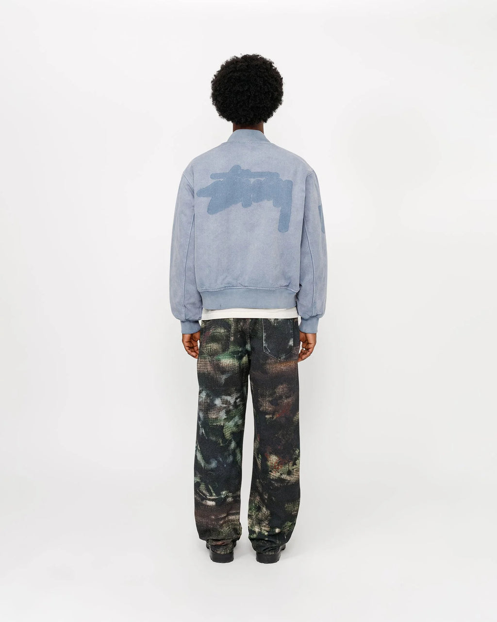 STUSSY GHOST LOGO CANVAS VARSITY JACKET BLUE