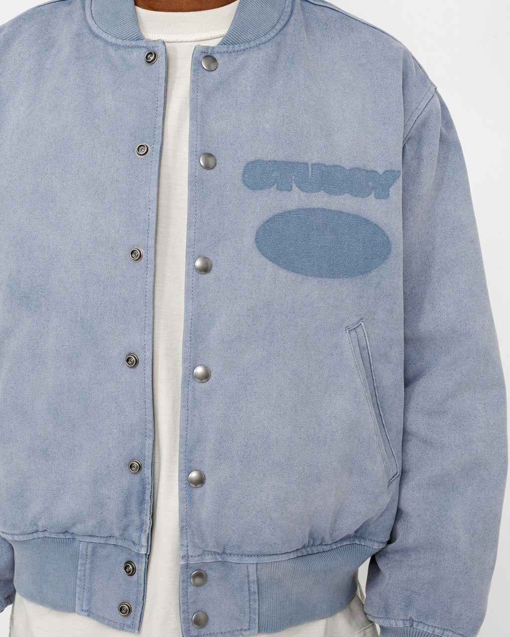 STUSSY GHOST LOGO CANVAS VARSITY JACKET BLUE