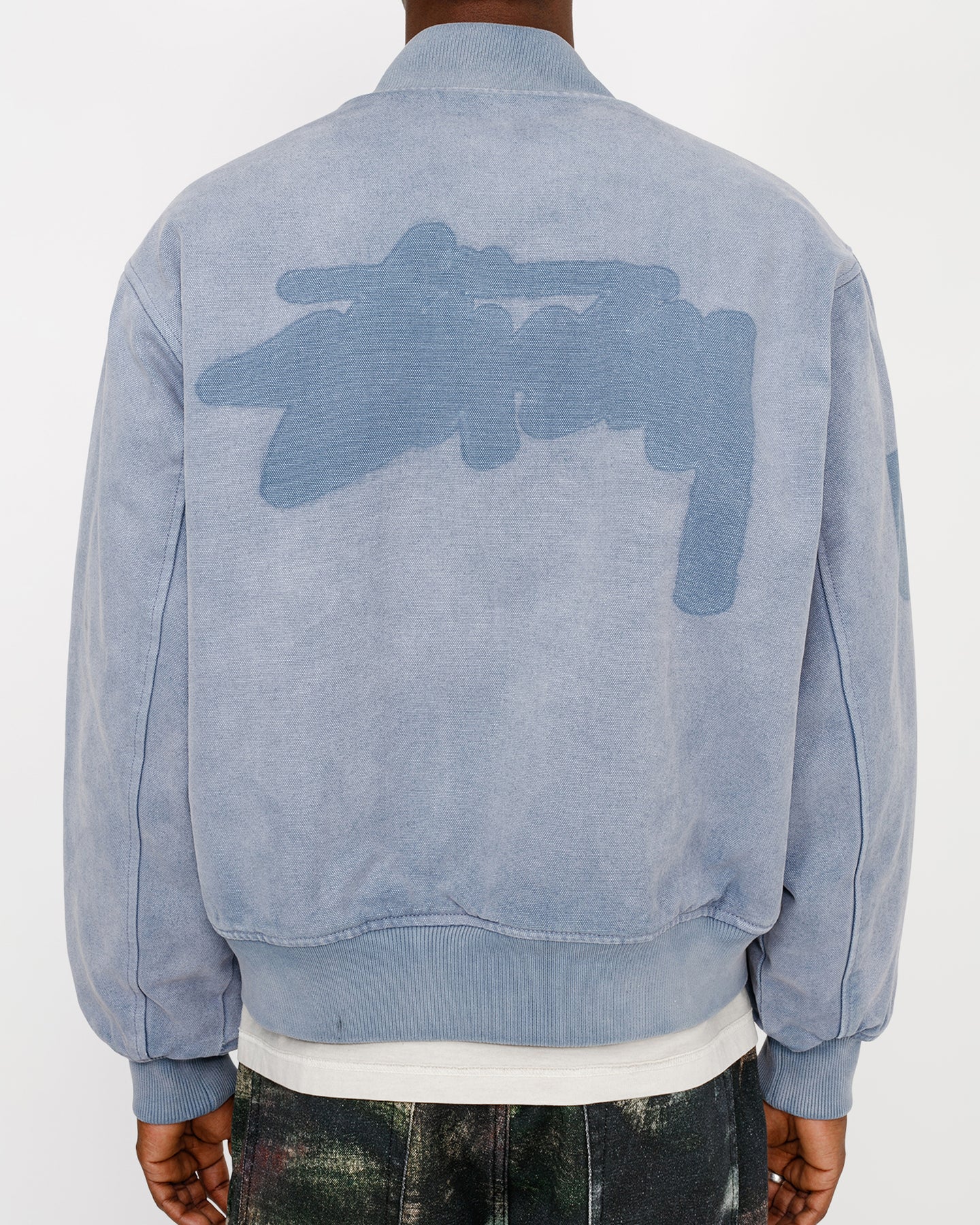 STUSSY GHOST LOGO CANVAS VARSITY JACKET BLUE