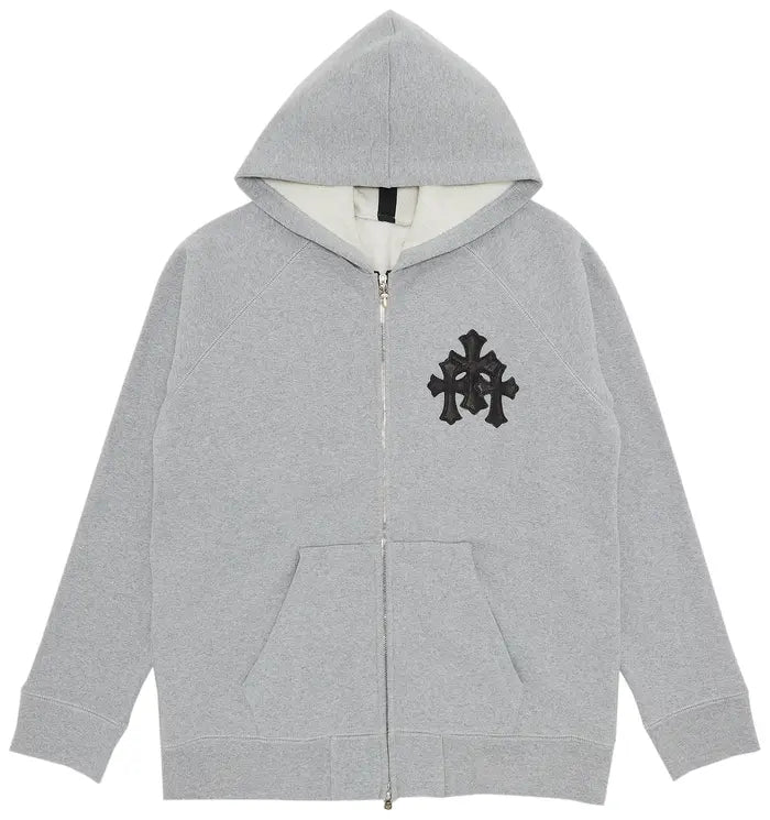 CHROME HEARTS PAPER JAM TRIPLE LEATHER CROSS ZIP UP HOODIE “GREY HEATHER”