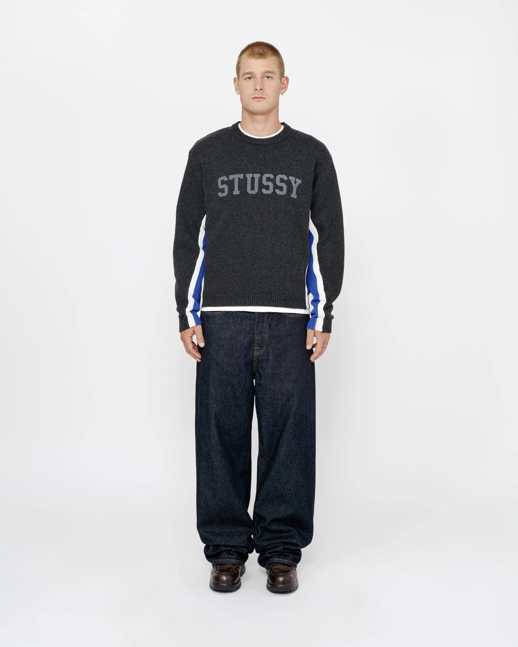 STUSSY CONTRAST STRIPE CREW CHARCOAL
