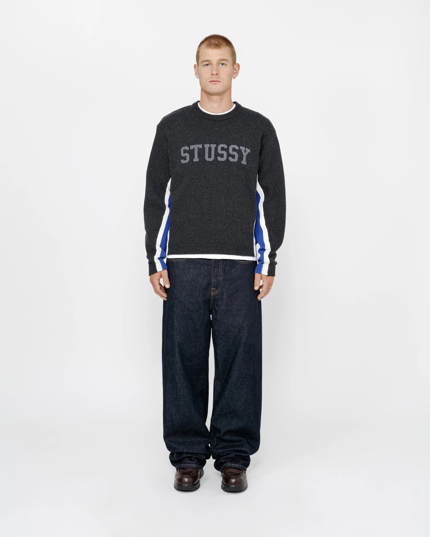 STUSSY CONTRAST STRIPE CREW CHARCOAL