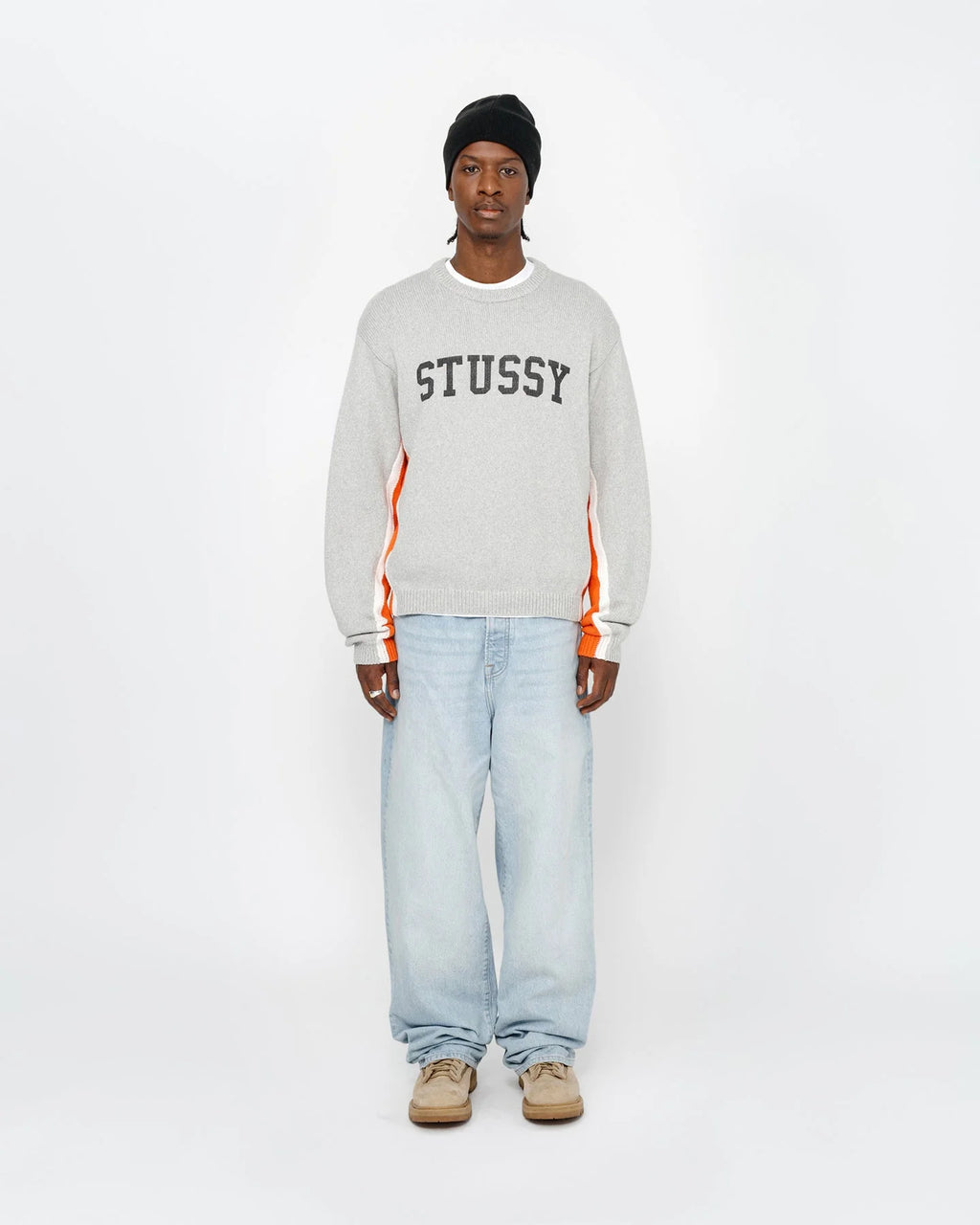 STUSSY CONTRAST STRIPE CREW HEATHER