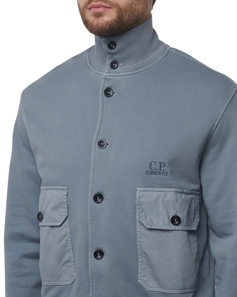 C.P. COMPANY COTTON DIAGONAL FLEECE FULL BUTTON SWEATSHIRT BLUE