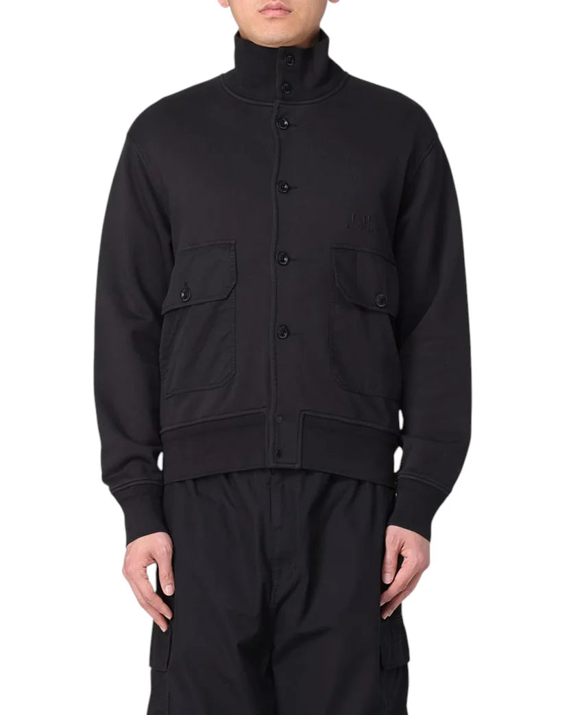 C.P. COMPANY COTTON DIAGONAL FLEECE FULL BUTTON SWEATSHIRT BLACK