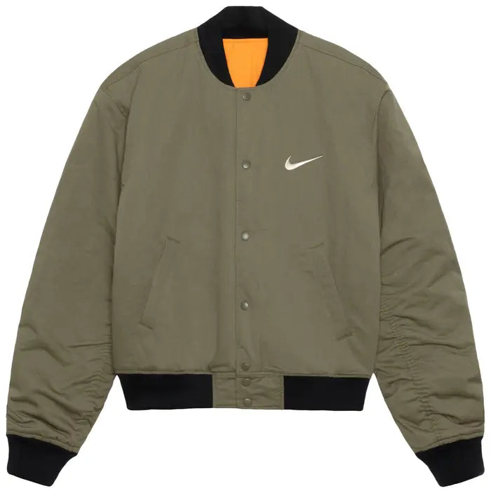 STUSSY X NIKE REVERSIBLE VARSITY JACKET MEDIUM OLIVE/BRIGHT MANDARIN