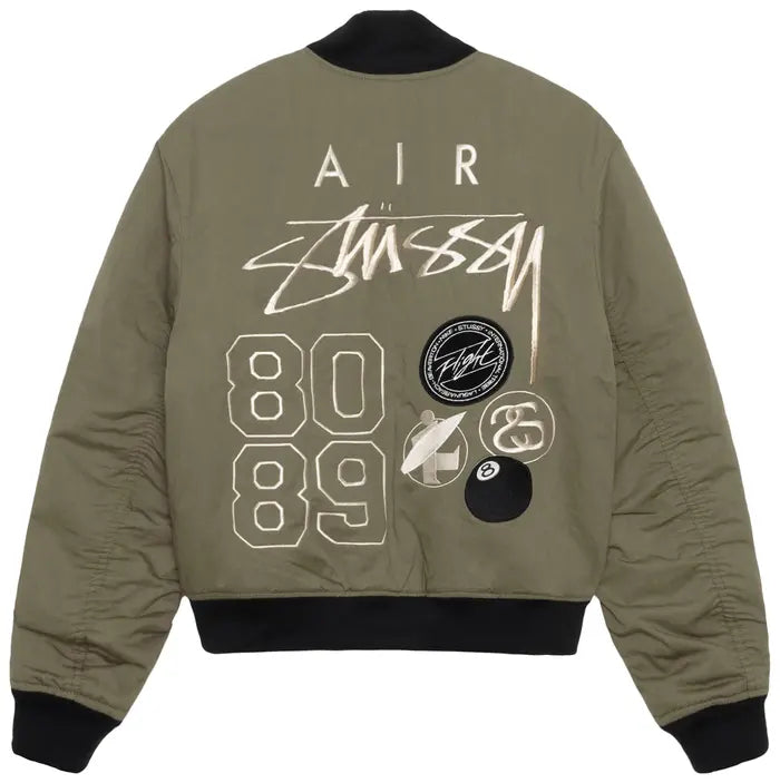 STUSSY X NIKE REVERSIBLE VARSITY JACKET MEDIUM OLIVE/BRIGHT MANDARIN