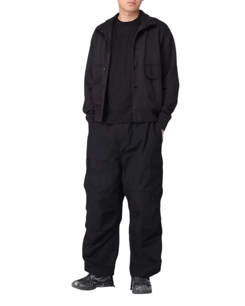 C.P. COMPANY COTTON DIAGONAL FLEECE FULL BUTTON SWEATSHIRT BLACK