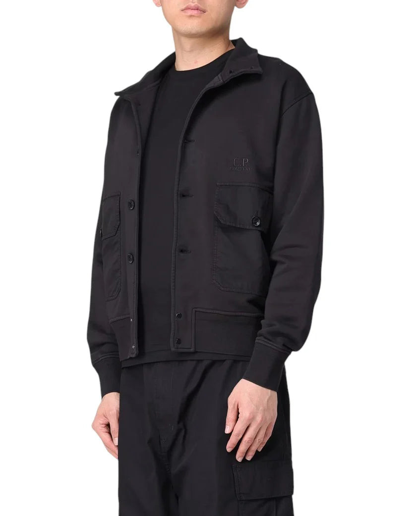 C.P. COMPANY COTTON DIAGONAL FLEECE FULL BUTTON SWEATSHIRT BLACK