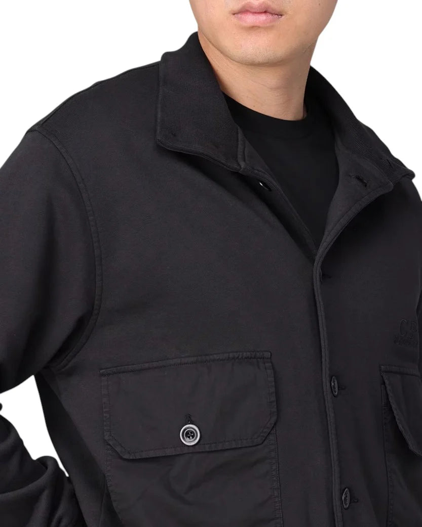 C.P. COMPANY COTTON DIAGONAL FLEECE FULL BUTTON SWEATSHIRT BLACK