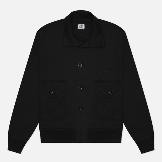 C.P. COMPANY COTTON DIAGONAL FLEECE FULL BUTTON SWEATSHIRT BLACK