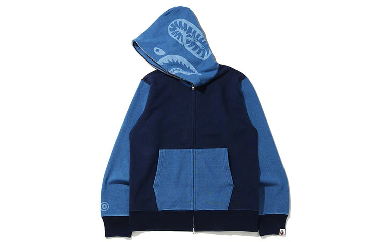 A BATHING APE BAPE SHARK SPLICING HOODED ZIPPER IN NAVY BLUE