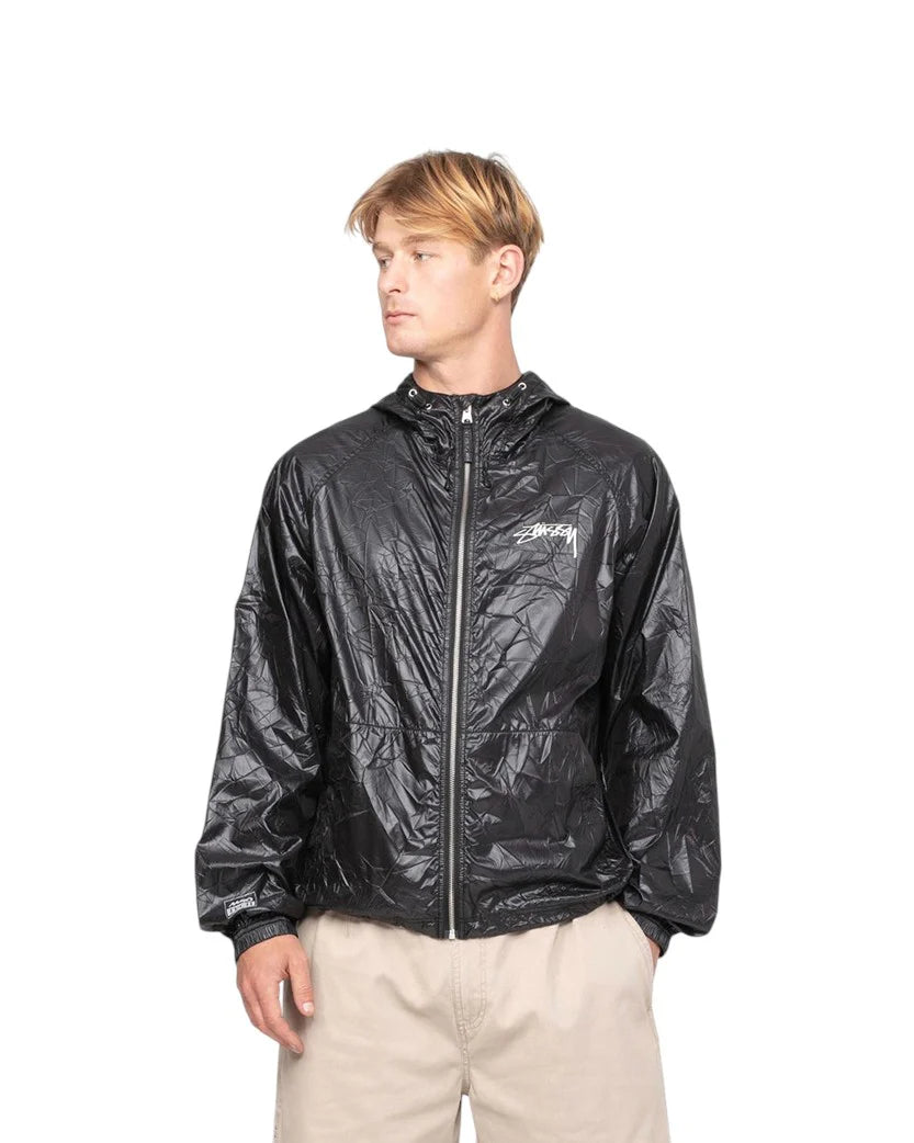 STUSSY WRINKLED NYLON BEACH SHELL JACKET BLACK