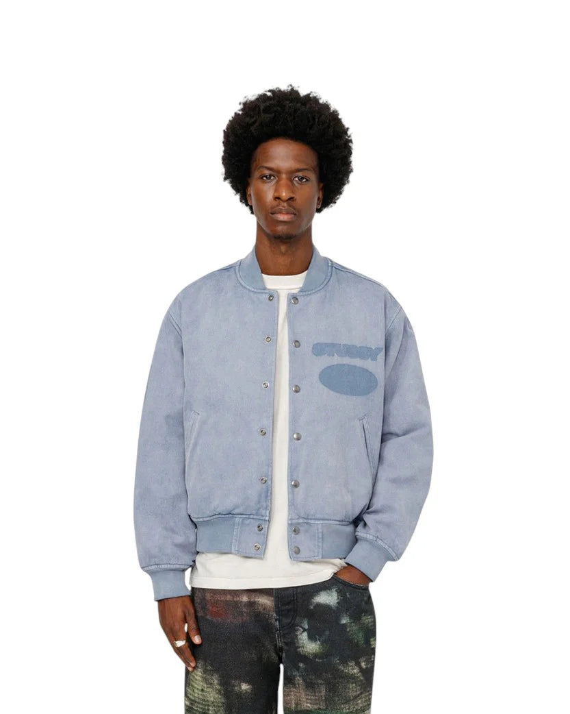 STUSSY GHOST LOGO CANVAS VARSITY JACKET BLUE