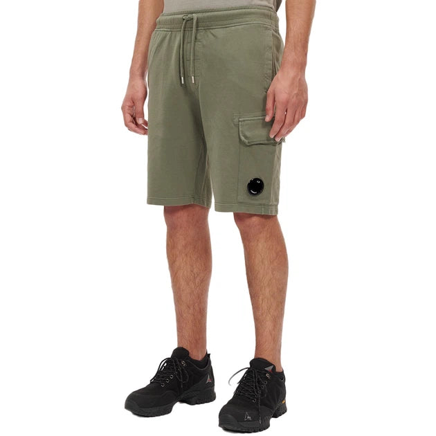 C.P. COMPANY LIGHT FLEECE LENSE BERMUDA SHORTS IN KHAKI