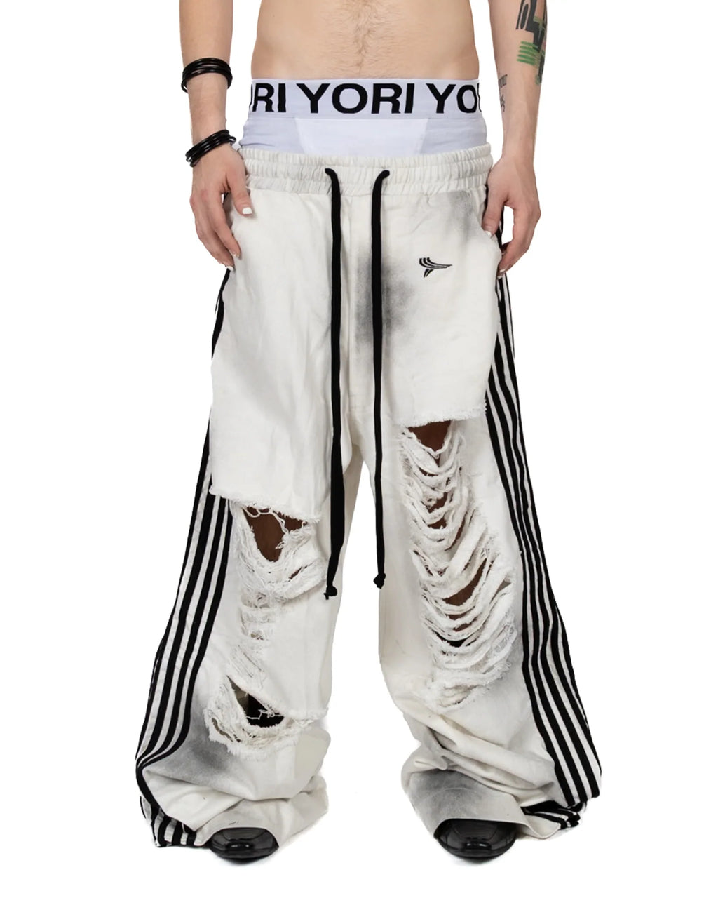 YORI SPORT DIRTY WASH LOGO 5-STRIPE DENIM IN "DIRTY" WASH