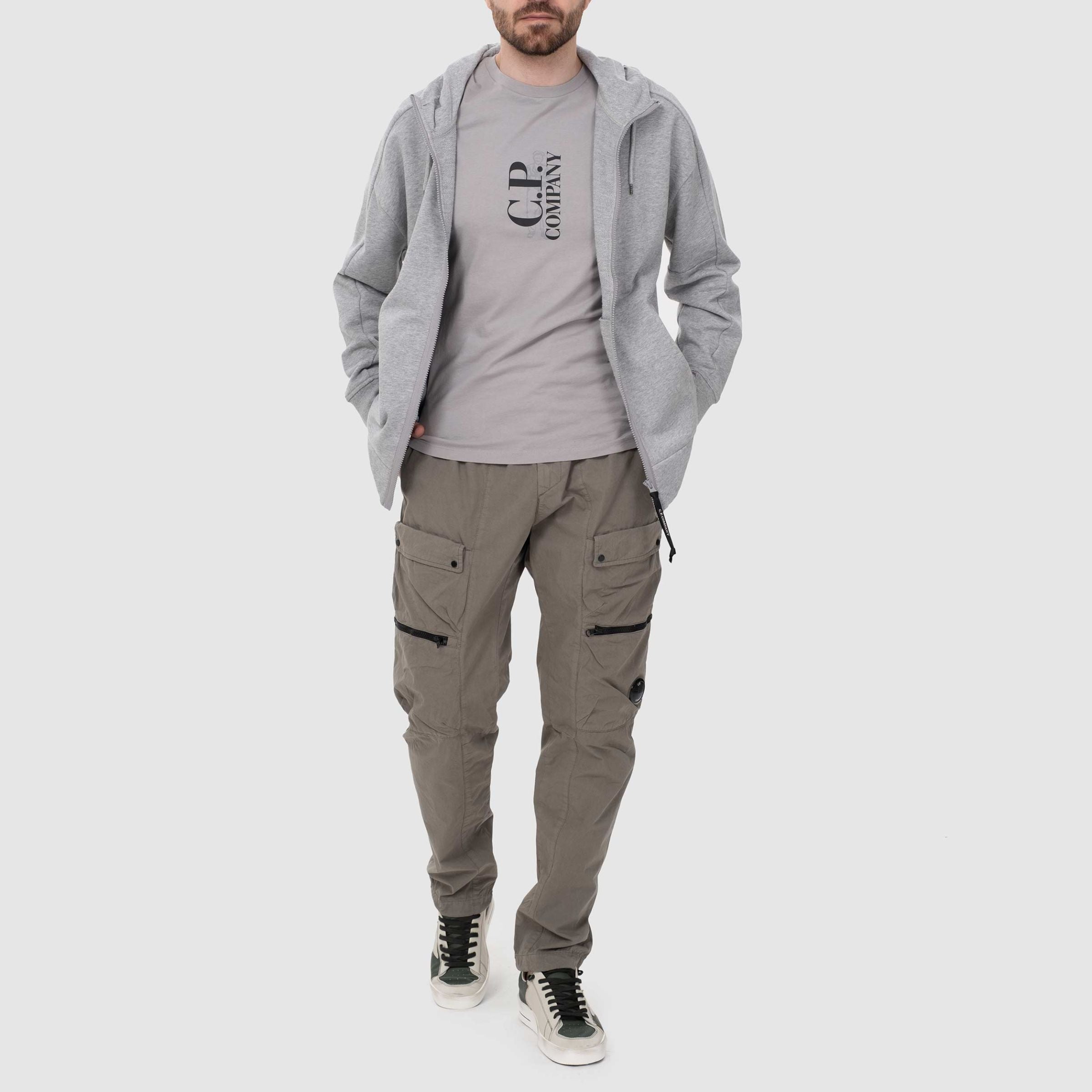 C.P. COMPANY ZIP-UP GOGGLES HOODIE IN GREY/MELANGE