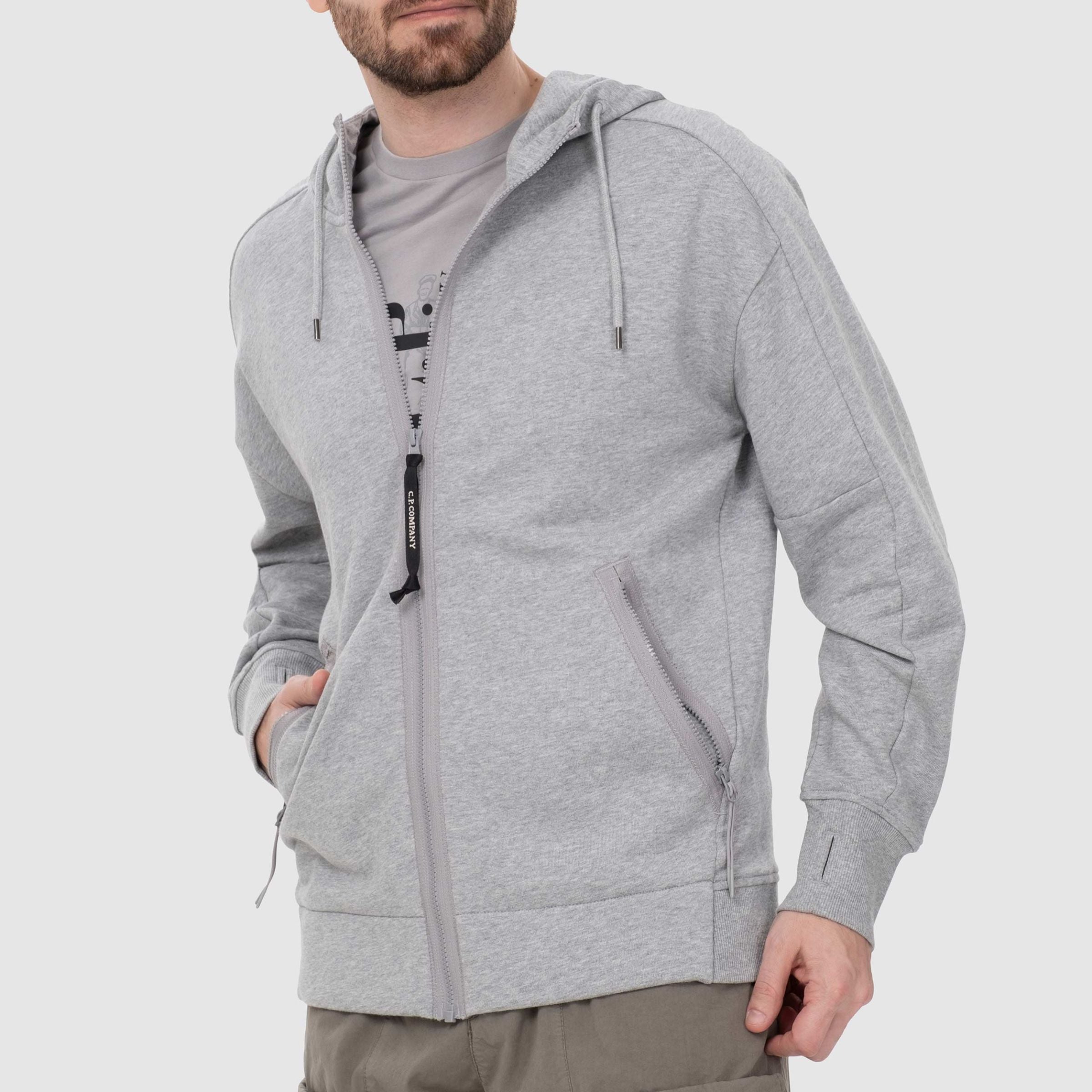 C.P. COMPANY ZIP-UP GOGGLES HOODIE IN GREY/MELANGE
