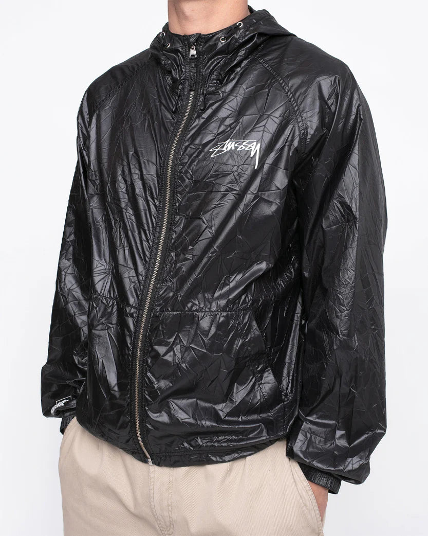 STUSSY WRINKLED NYLON BEACH SHELL JACKET BLACK