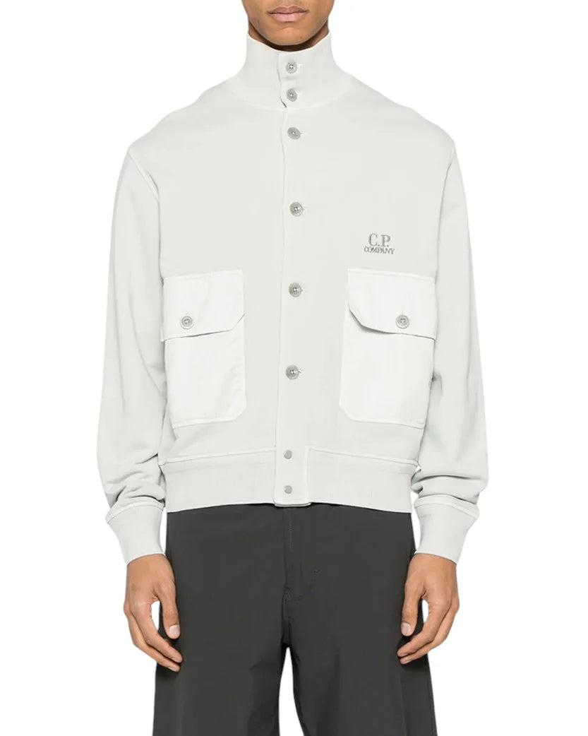 C.P. COMPANY COTTON DIAGONAL FLEECE FULL BUTTON SWEATSHIRT LIGHT GREY