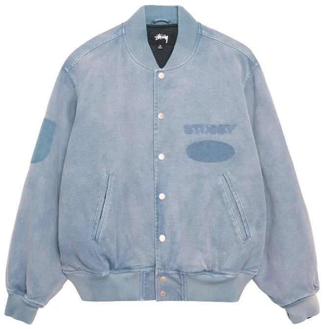 STUSSY GHOST LOGO CANVAS VARSITY JACKET BLUE