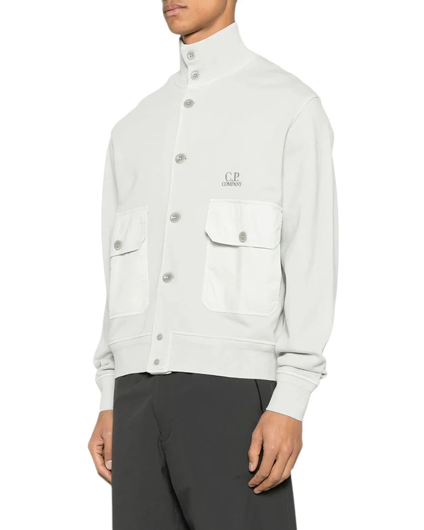 C.P. COMPANY COTTON DIAGONAL FLEECE FULL BUTTON SWEATSHIRT LIGHT GREY
