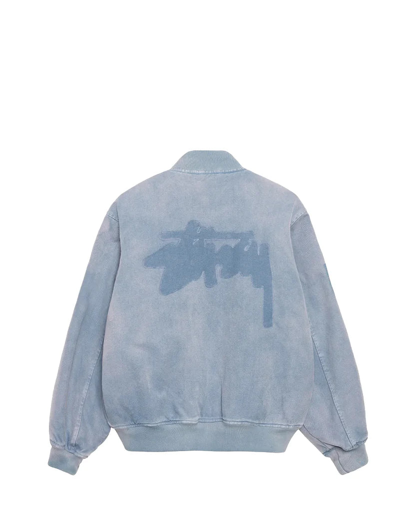 STUSSY GHOST LOGO CANVAS VARSITY JACKET BLUE