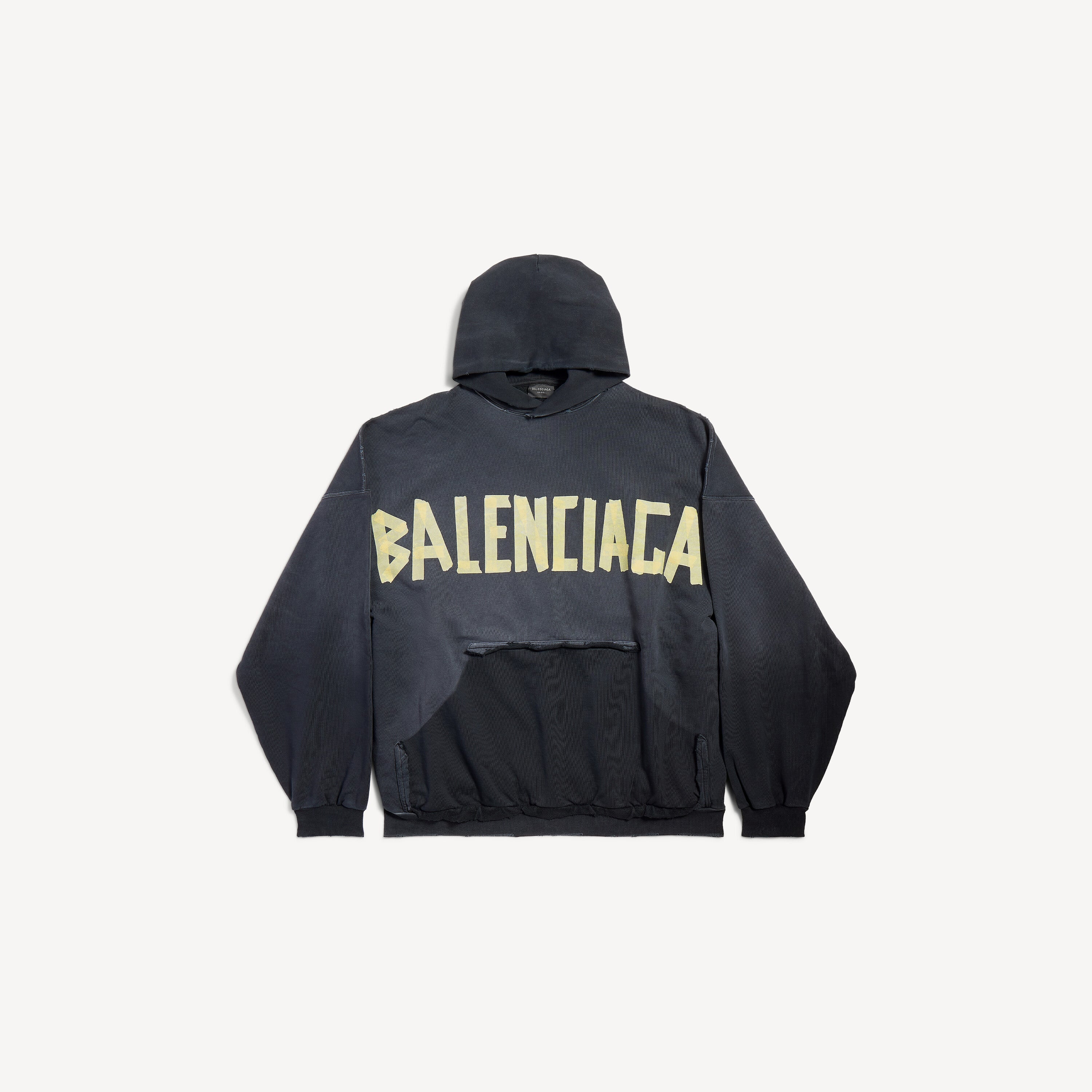 BALENCIAGA TAPE TYPE RIPPED POCKET HOODIE OVERSIZED IN BLACK FADED