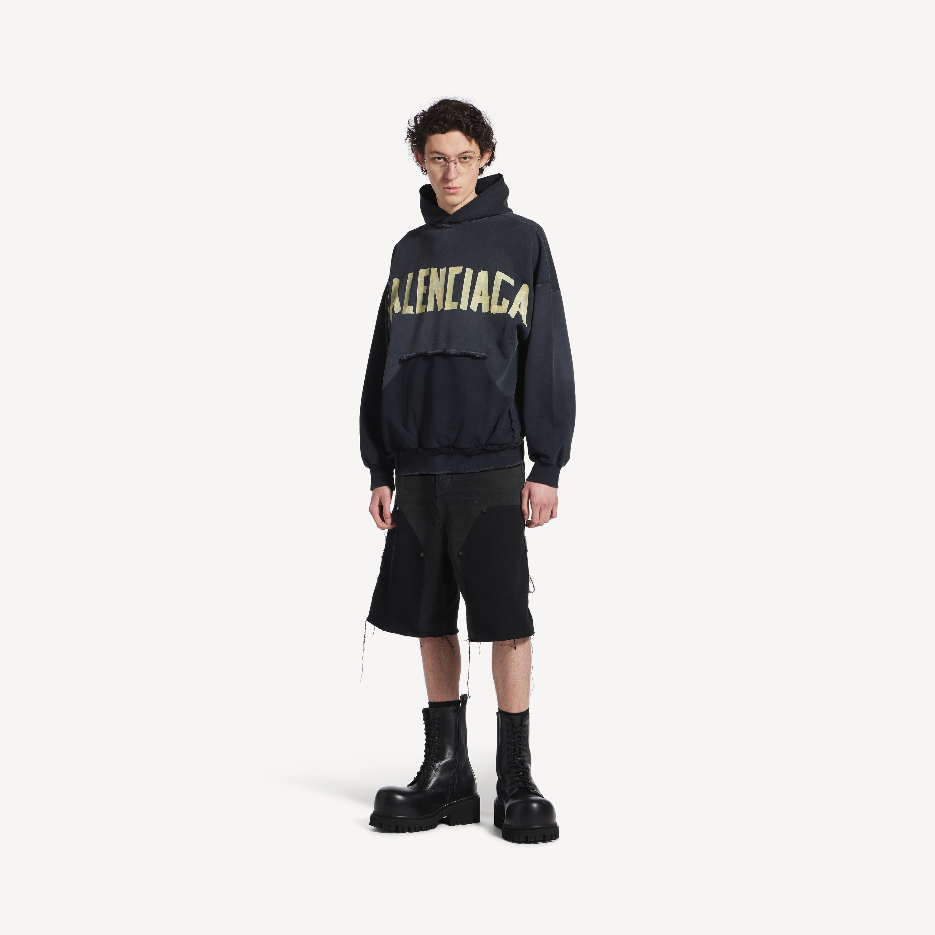 BALENCIAGA TAPE TYPE RIPPED POCKET HOODIE OVERSIZED IN BLACK FADED