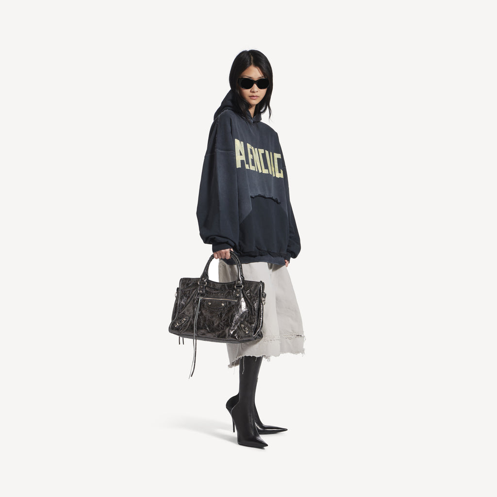 BALENCIAGA TAPE TYPE RIPPED POCKET HOODIE OVERSIZED IN BLACK FADED