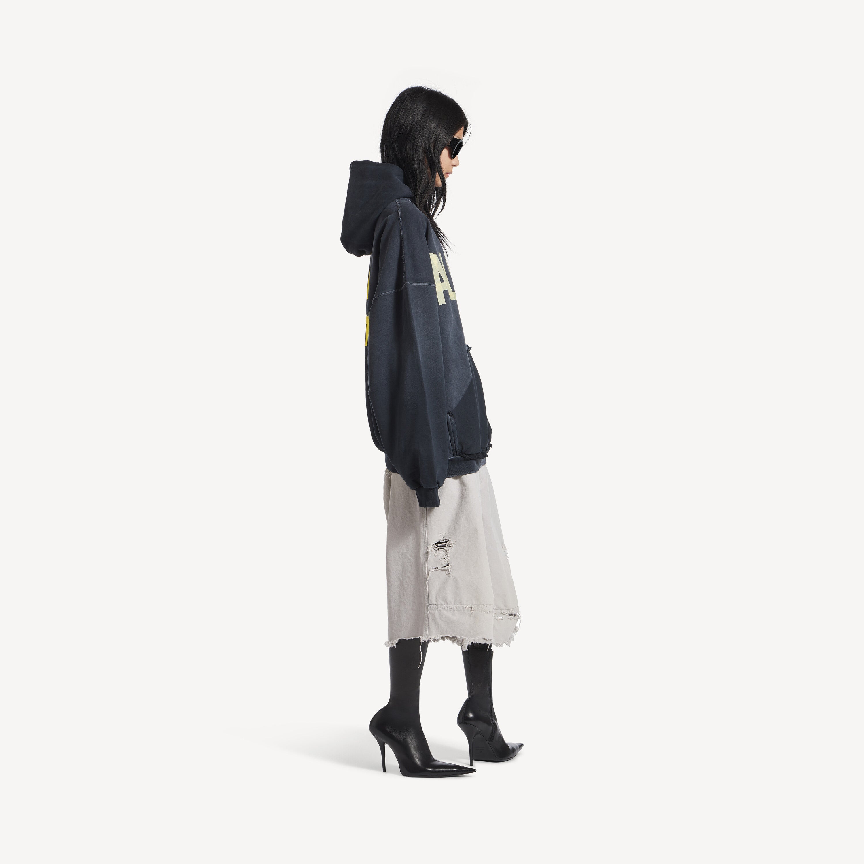 BALENCIAGA TAPE TYPE RIPPED POCKET HOODIE OVERSIZED IN BLACK FADED