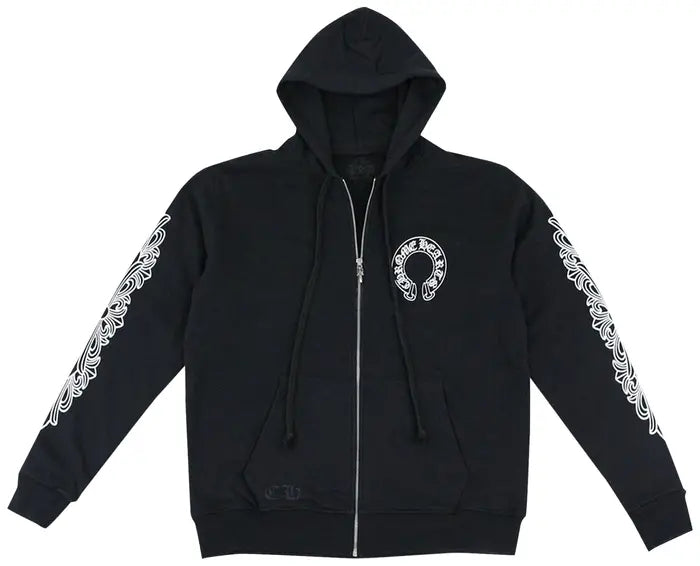 CHROME HEARTS HORSESHOE FLORAL CROSS-SLEEVE ZIP UP HOODIE “BLACK/WHITE”