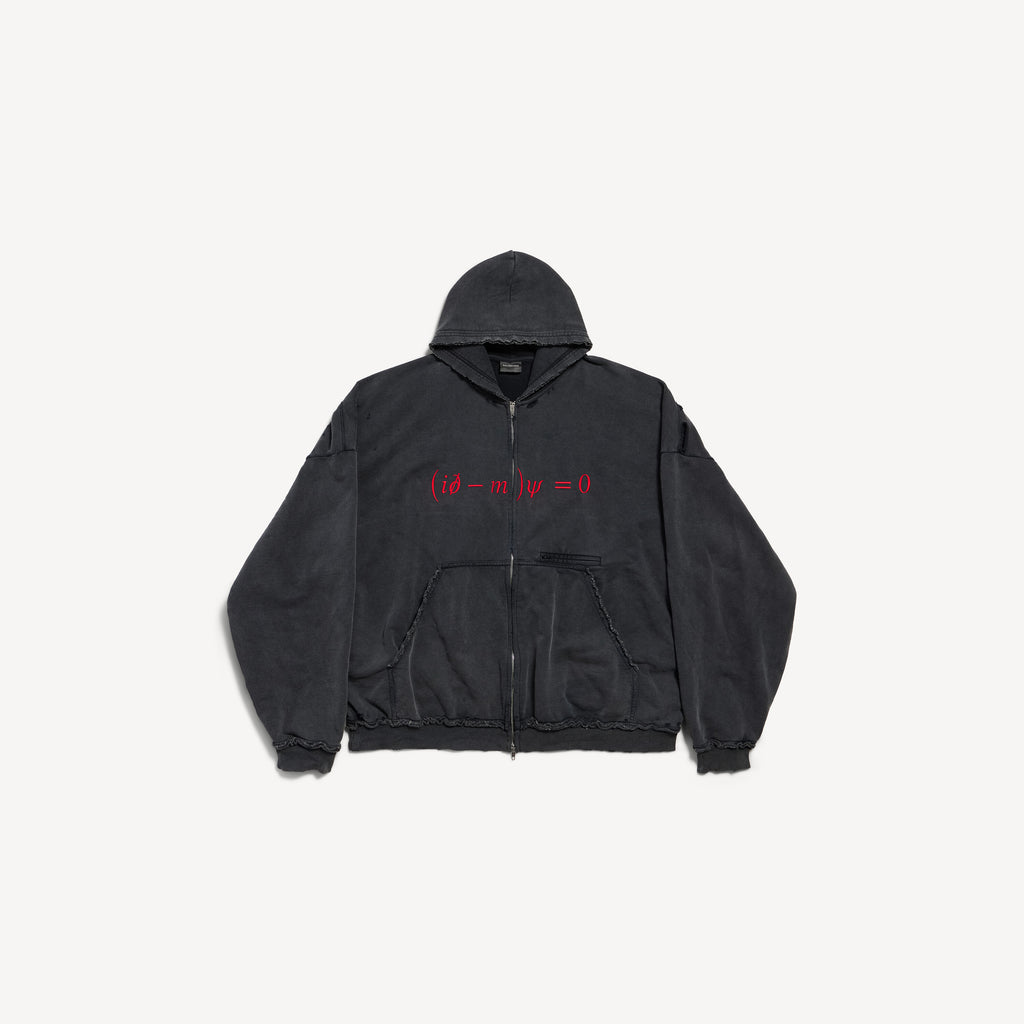 BALENCIAGA DIRAC EQUATION PULLED LARGE FIT ZIP-UP HOODIE IN WASHED BLACK/RED