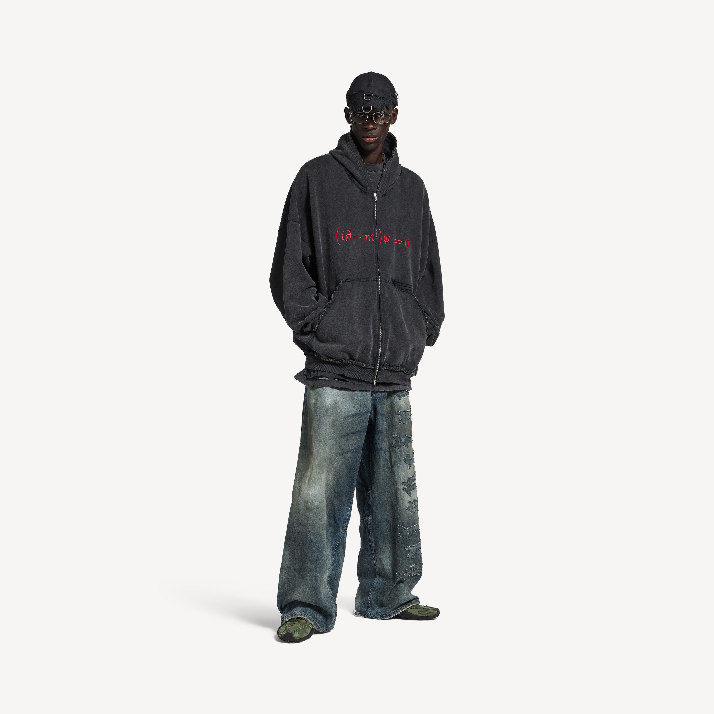 BALENCIAGA DIRAC EQUATION PULLED LARGE FIT ZIP-UP HOODIE IN WASHED BLACK/RED