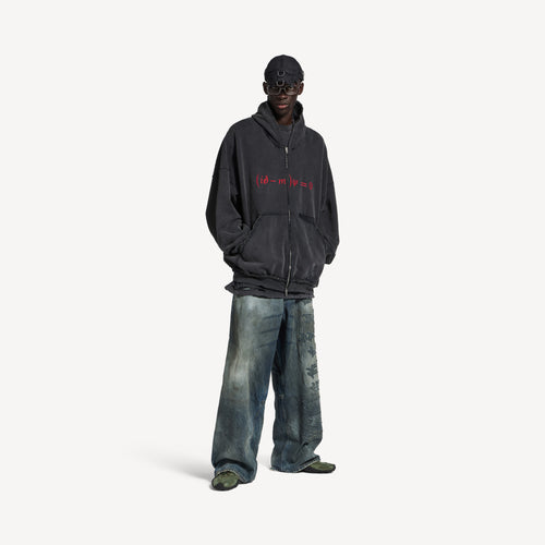 BALENCIAGA DIRAC EQUATION PULLED LARGE FIT ZIP-UP HOODIE IN WASHED BLACK/RED
