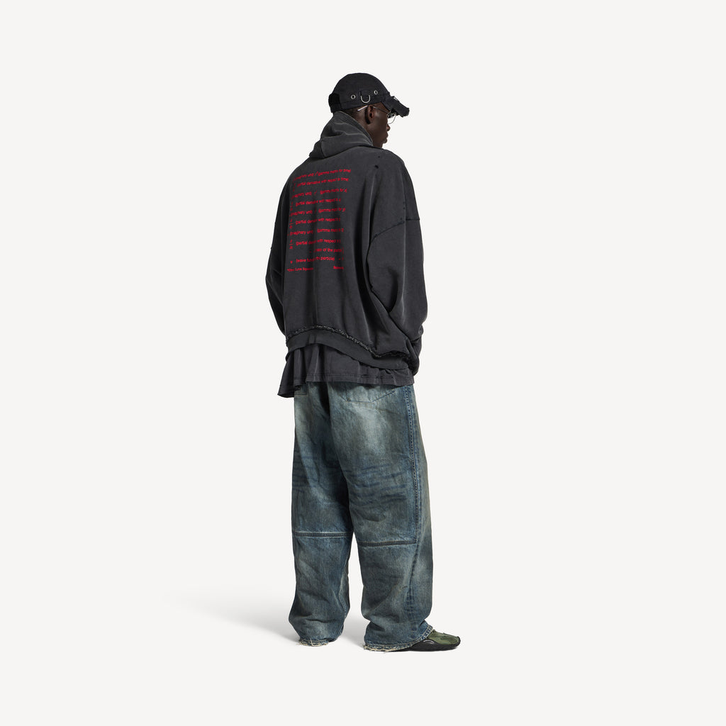BALENCIAGA DIRAC EQUATION PULLED LARGE FIT ZIP-UP HOODIE IN WASHED BLACK/RED