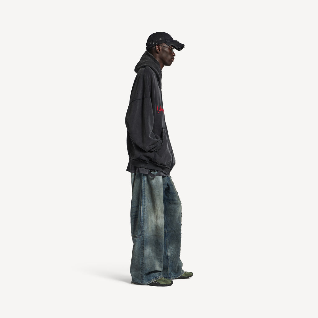 BALENCIAGA DIRAC EQUATION PULLED LARGE FIT ZIP-UP HOODIE IN WASHED BLACK/RED